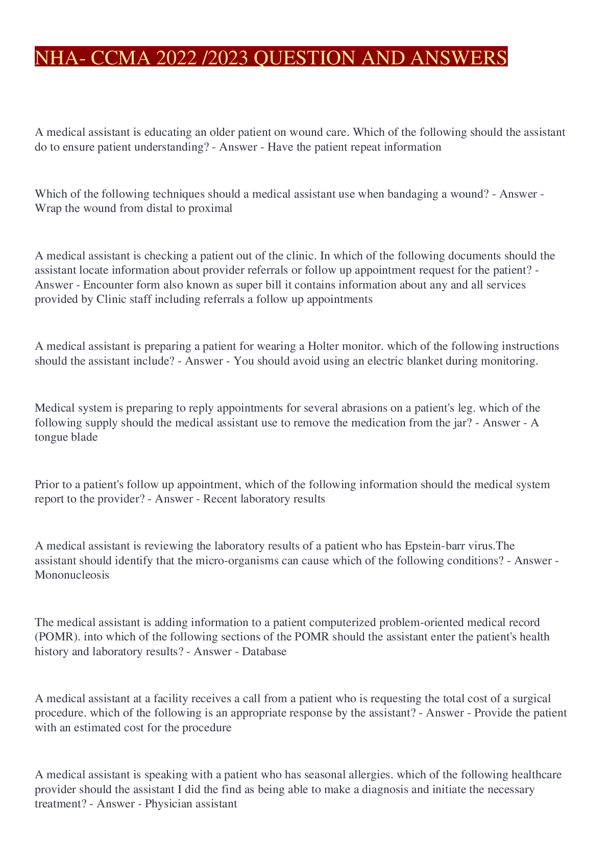 Preview of NHA- CCMA 2022 /2023 QUESTION AND ANSWERS